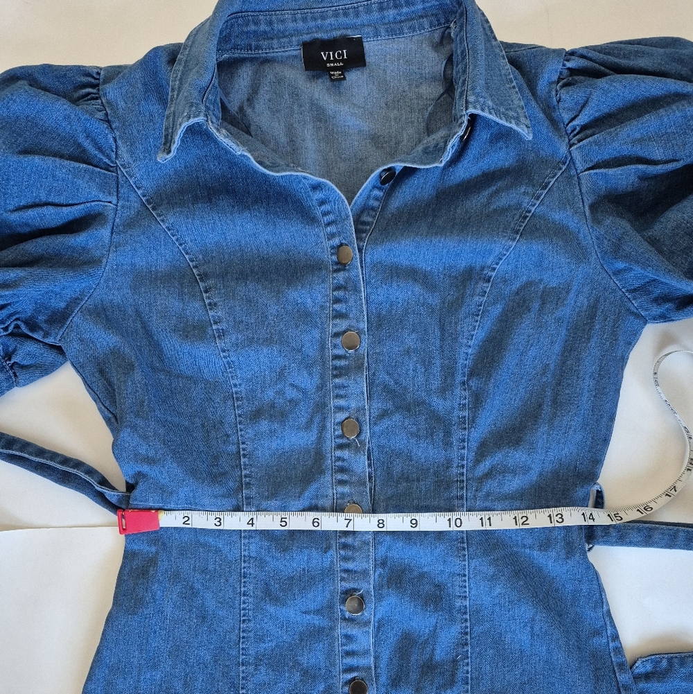 Vici Dress Denim Flirty Ruffle Short Puff Sleeve Mini Size S - Picture 12 of 13